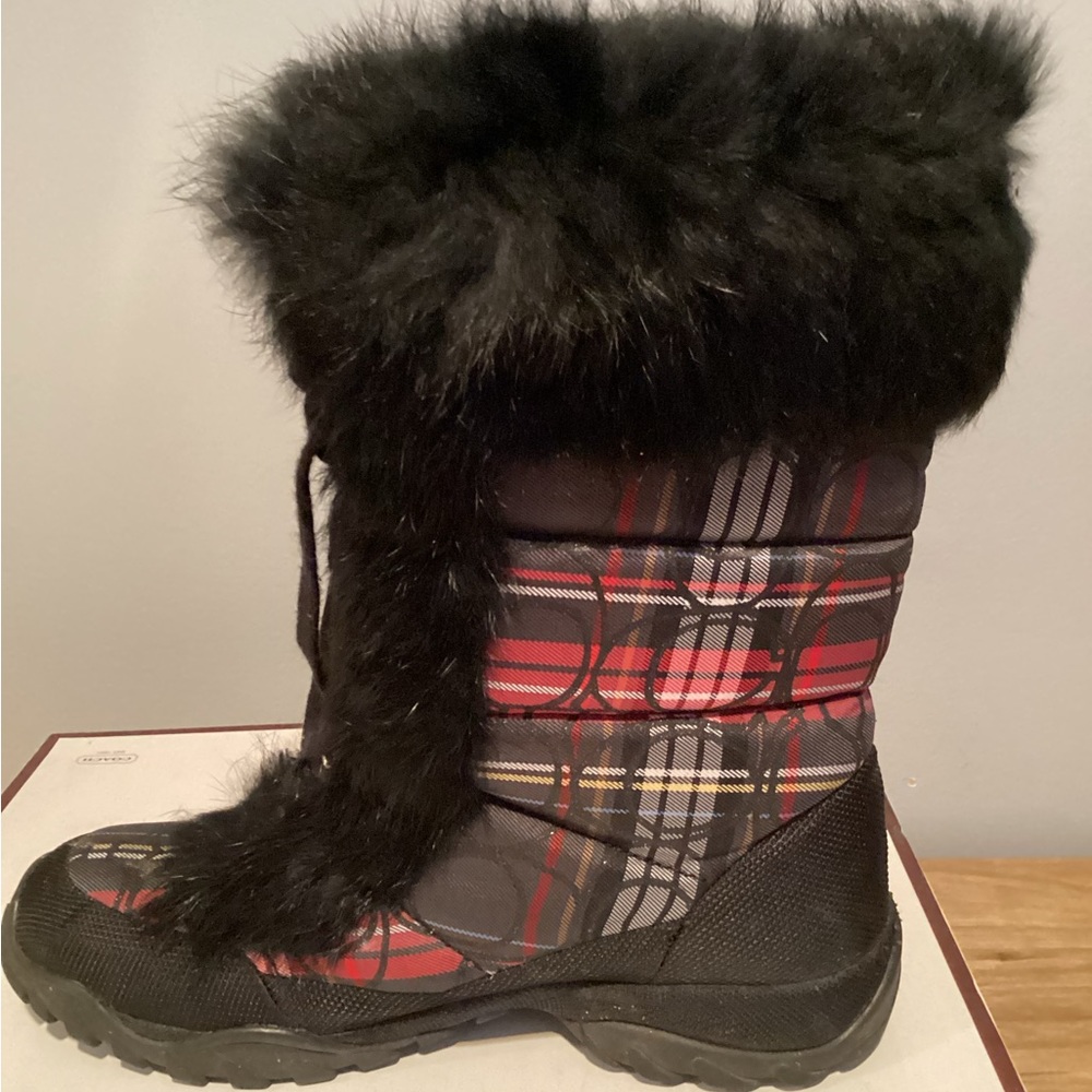 COACH Jennie Front Laced Black & Red Tartan w/Black Fur Lined  Mid Calf Boots 7